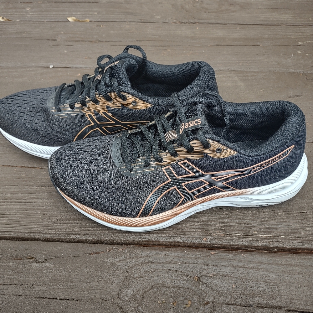 Asics Gel Excite women's size 7.5 black & rose gold Amplifoam comfort sole